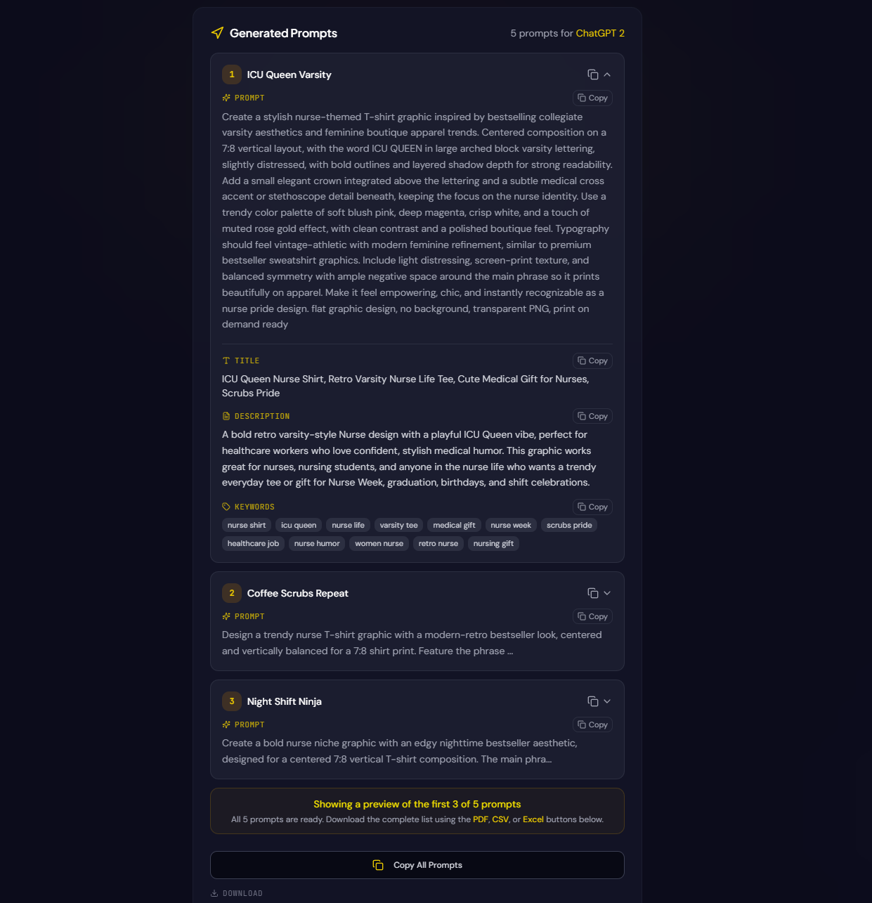 A generated prompt with its title, description, and keywords ready to paste into a store listing